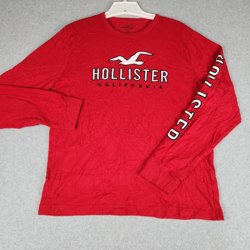 Hollister California T Shirt Mens L Red Graphic Logo Cotton Long Sleeve Crewneck